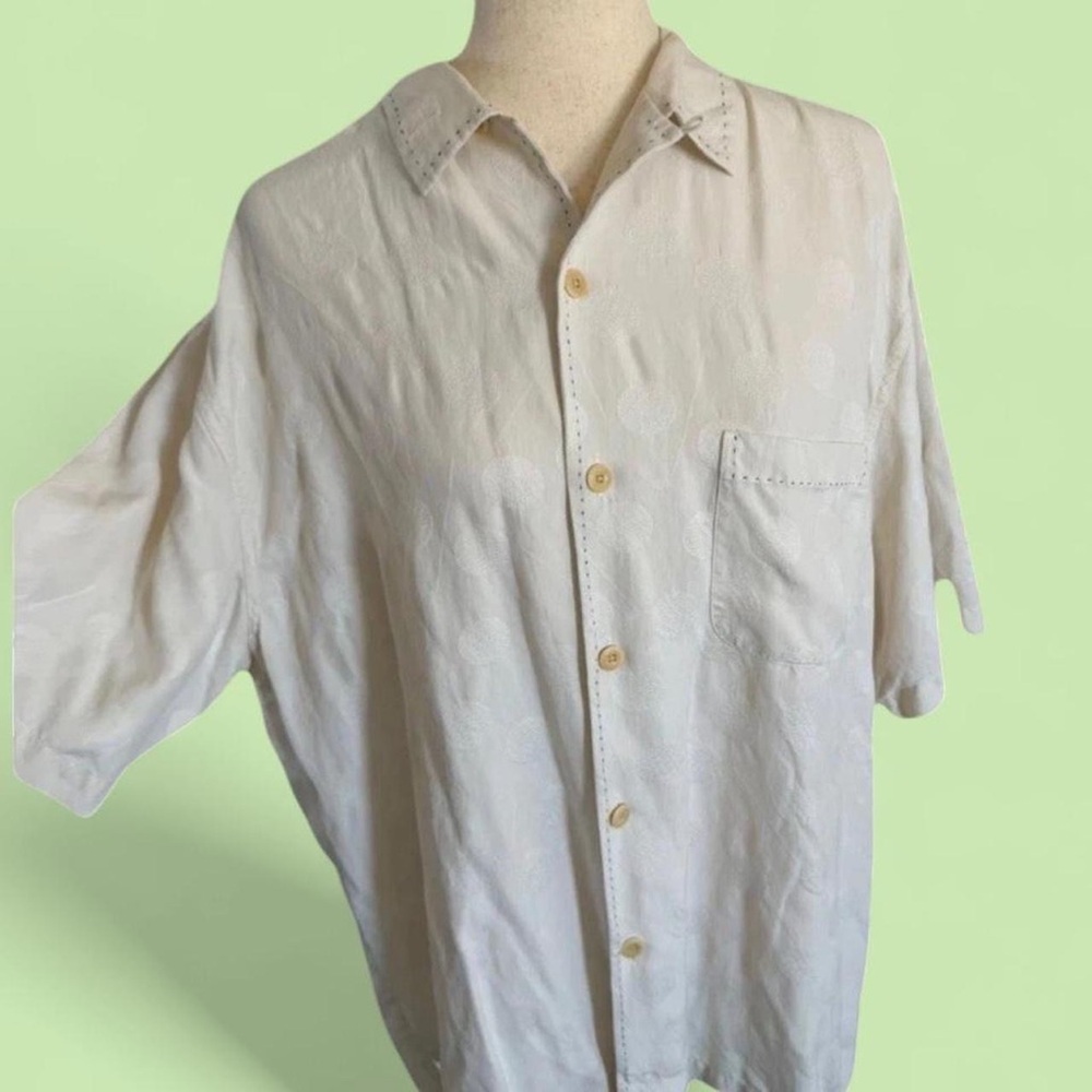 NAT NAST Large 100% Silk Golf Print Embroidered Button Down Cream White Shirt